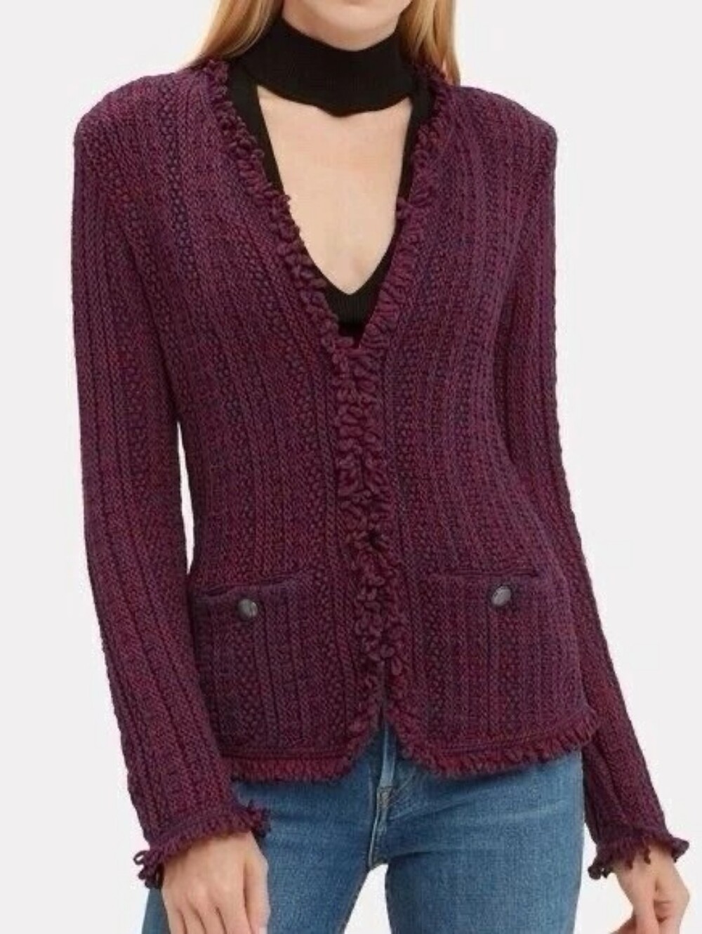 INTERMIX Womens Ikaterina Two Tone‎ Knit Sweater Jacket Red Fringe Trim Size 6